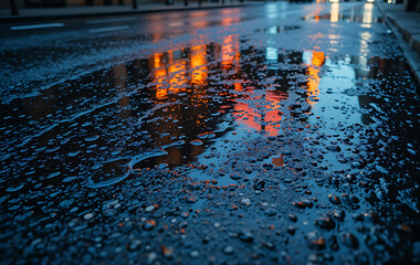 Rainy city street reflection in puddle at night with building lights