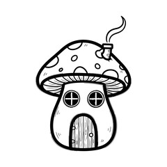 Hand-drawn Doodle Style Mushroom House Illustration with Chimney and Spotted Cap