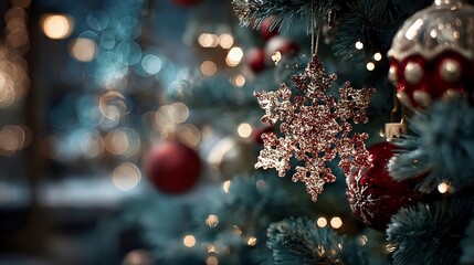 Glittering snowflake ornament hanging on Christmas tree with red baubles and soft bokeh lights creating festive holiday atmosphere.