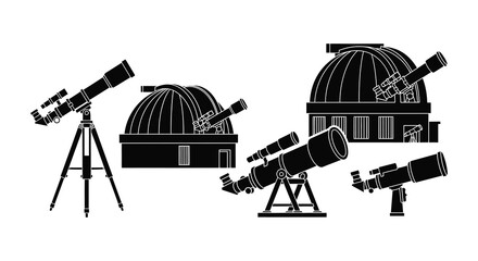 Black silhouette icons depicting various telescopes and observatory structures
