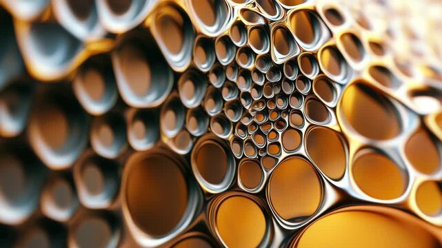 A collection of pipes made from copper, forming a complex geometric structure. An up-close view showcasing the intricate details and patterns typical in industrial construction.