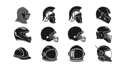 A collection of various historical and modern protective headwear silhouettes