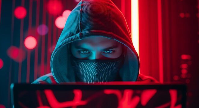 Mysterious Hacker in Hoodie Silhouetted Against Glowing Digital Network Cybercrime Concept