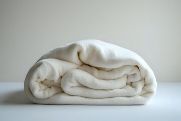 Soft cream fleece blanket folded neatly on white surface against neutral background, creating cozy home atmosphere for comfort and warmth.