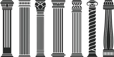 Fototapeta premium Black antique columns ancient roman doric columns. Set of ancient greek columns with capitals isolated