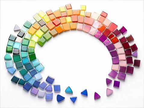 A collection of small, square and triangular mosaic tiles in various shades of blue, green, yellow, orange, pink, and purple, arranged in a semi-circular arc re