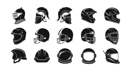 A collection of various historical and modern protective headwear silhouettes