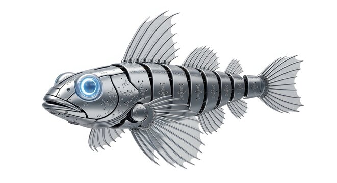 Mechanical fish with glowing blue eyes isolated on white background