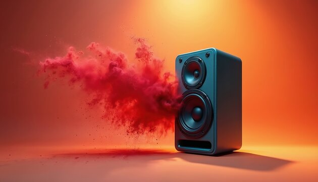 Studio speaker emits vibrant red powder explosion. Loud music comes alive with dynamic burst. Audio tech creates powerful energetic wave. Modern sound equipment for party vibe. Energetic sound system