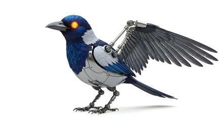 Mechanical bird with blue and gray feathers and glowing eyes isolated on white background