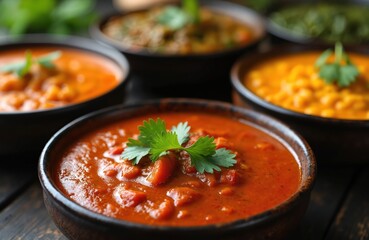 Delicious array of authentic Indian food. Vibrant curries with fresh herbs, spices in traditional bowls. Flavorful meal served on dark rustic table, ready for dining pleasure. Home comfort cooking
