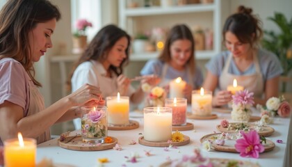 Women create floral infused candles in workshop. Friends learn candle making craft, decorating jars with flowers. Relaxing hobby activity session.