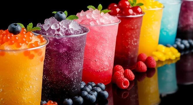 Vibrant Rainbow of Refreshing Fruit Slushies and Smoothies with Fresh Berries on Black Background Perfect for Summer Drinks Refreshment and Healthy Lifestyle Concepts