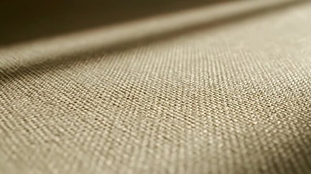 Close up of natural woven fabric texture with soft light and shadow.