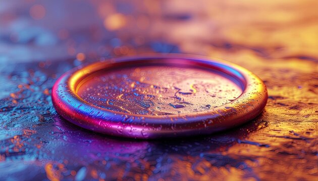 Close Up Macro Shot Of A Metallic Ring With Water Droplets Reflecting Vibrant Neon Lights In A Dark Moody Setting