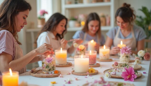 Women create floral infused candles in workshop. Friends learn candle making craft, decorating jars with flowers. Relaxing hobby activity session.