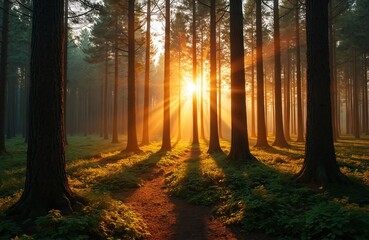 Obraz premium Sun rises in wood illuminating trees. Sunlight pierces dense forest canopy. Path leads through woods in morning sun. Sunshine filters through woodland, vibrant beams creating scenic view.