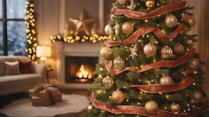 Cozy christmas living room with decorated tree and fireplace
