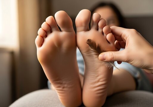 Person getting feet tickled with a feather creating funny sensation