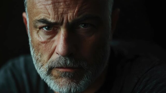 A focused older man with a beard, looking into the distance with an intense expression.