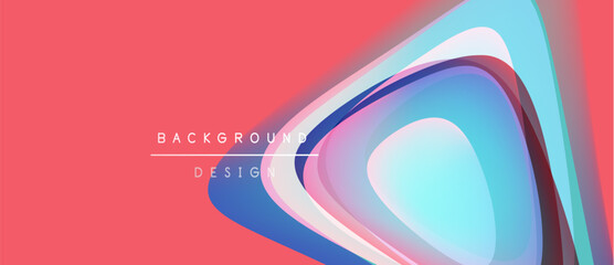 Abstract design features layered shapes, vibrant colors. Pink backdrop complements blue, white elements. Modern, dynamic composition.
