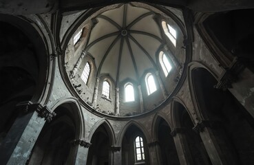 Fototapeta premium Interior view inside abandoned church building. Gothic dome and arched walls architecture. Old damaged cathedral with a historic religious past. Ruin with stone walls. Spooky place for tourism trip.