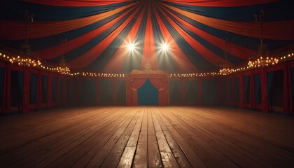 Big empty circus tent interior stage with red and blue striped ceiling. Wooden floorboards reflect warm lights, creating a dramatic atmosphere. Ornate chandeliers hang above red velvet curtains.