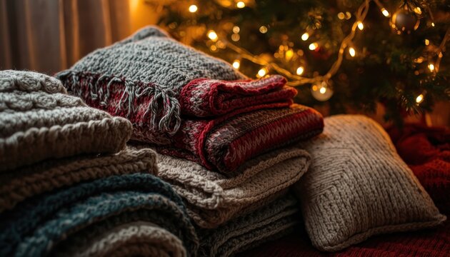 cool christmas wallpapers Knitted blankets pillows Christmas tree string lights warm amber glow