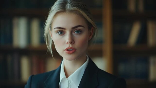 A young, blonde professional woman in a suit standing in front of a bookshelf with a stern expression. She is dressed formally and appears to be in an office or library setting.