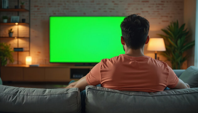 Man watches tv with green screen at home. Guy sits on sofa in living room looking chroma key display mockup. Leisure time with modern tech. He cheering favorite team.