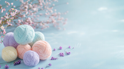 colorful ball of yarn surround flowers at serene background