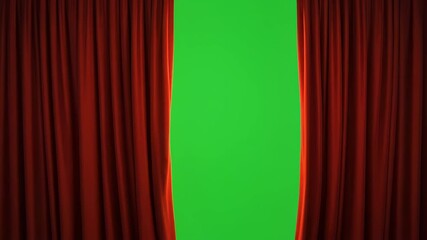 Red velvet curtains opening on green screen revealing chroma key background animation for performance or theatrical event announcement