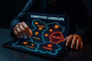 Competitive landscape digital map with highlighted risk zone and hot spots, futuristic technology concept showing strategic business analysis and risk management