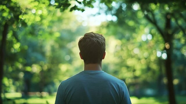 A man standing in a park looking towards the camera, set against a serene backdrop of trees and sunlight.