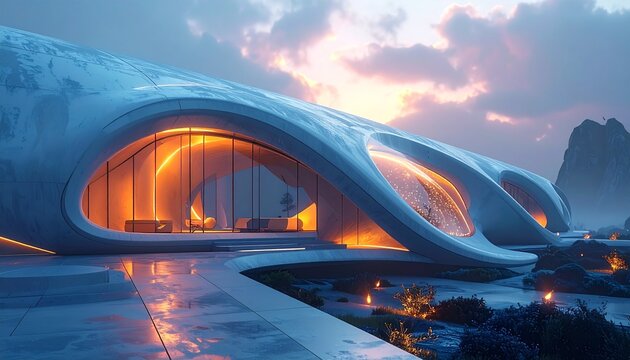 Compact tech-integrated structure with seamless embedded sensors lighting up in soft ethereal tones, shown in deep natural HD realism 