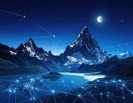 Snowy peaks, moonlit lake, connected network overlay