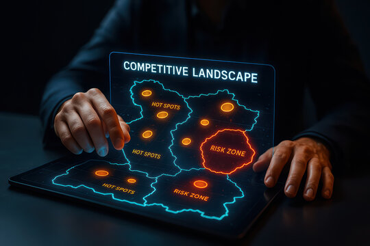 Competitive landscape digital map with highlighted risk zone and hot spots, futuristic technology concept showing strategic business analysis and risk management