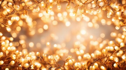 Warm glowing fairy lights creating a dreamy bokeh effect for festive decoration and celebration background in soft golden hues and bright illumination