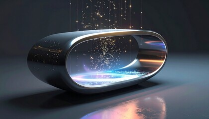 Ultra-modern tech piece generating floating holographic elements above its form, subtle mystical shimmer blending with clean minimal design