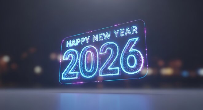 Happy new year 2026 glowing digital text background