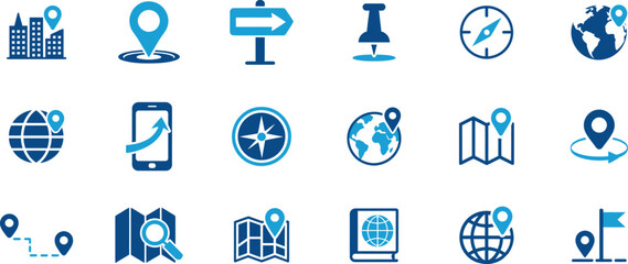 Map icon set. Containing location, maps, GPS, navigation, city map, atlas, route, direction, pin and more. Vector solid icons collection.