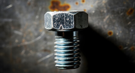 Rusty metal bolt and nut closeup on wood surface, isolated industrial hardware object