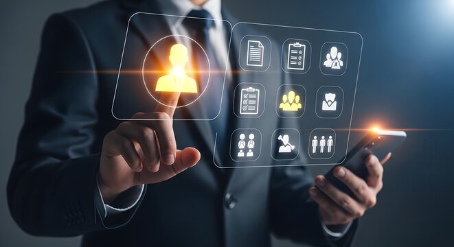 Businessman interacting with a futuristic digital interface selecting a profile icon