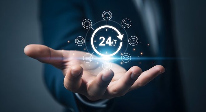 Open hand presenting a 24 hour service concept with icons