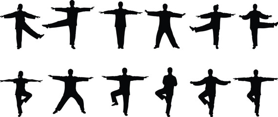 Balance exercise silhouettes, yoga poses, tai chi stances, fitness training, stability practice, wellness activity, posture art, coordination skill, health discipline, flat vector