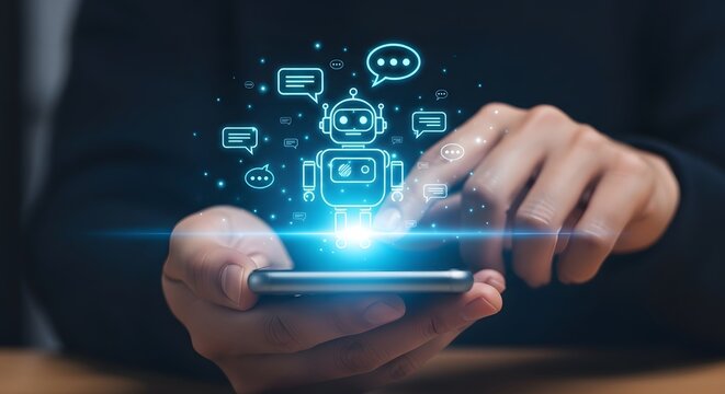 Man using smartphone with chatbot icons artificial intelligence and communication