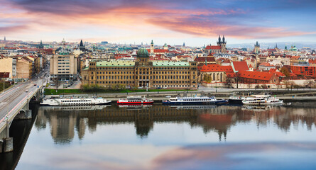 Aerial Prague panoramic view of skyline city of Prague at the Old Town Square, Czechia. From Holesovice with Vltava river, bridge at sunrise.