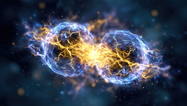 Two celestial bodies connected by bright, energetic sparks in a dark, starry cosmos