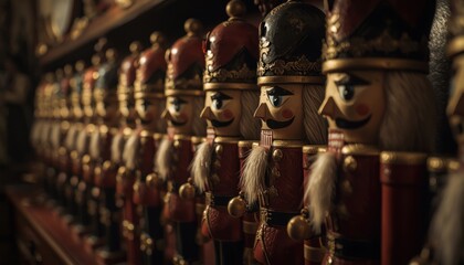 Fototapeta premium cool christmas wallpapers Antique nutcrackers arranged formal row focus intricate carving dim lighting