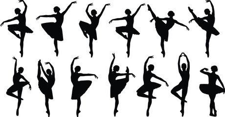 Ballet dancer silhouettes, classical dance poses, arabesque, pirouette, attitude, graceful movement, choreography, performance art, ballerina elegance, stage illustration -flat vector © Mahafuj  Creatives